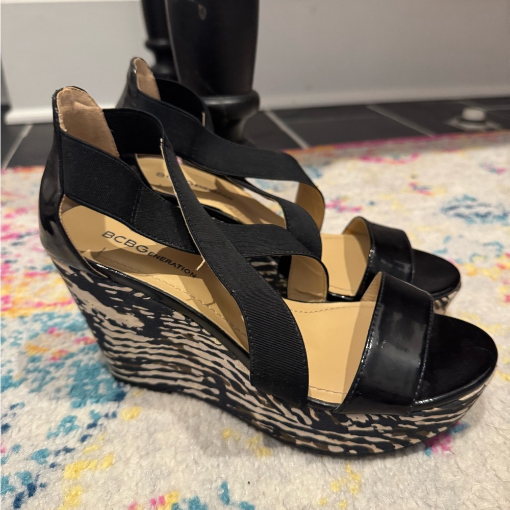BCBG Generation Black and Tan Wedge Sandals